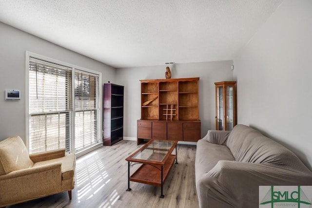 living room with a textured ceiling and light wood-type flooring