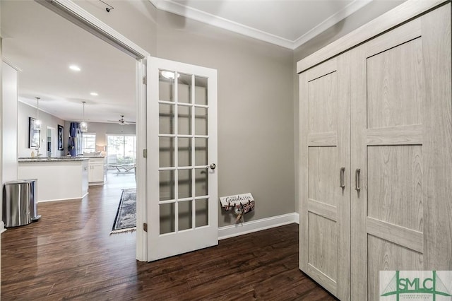 interior space with ornamental molding and dark wood-type flooring