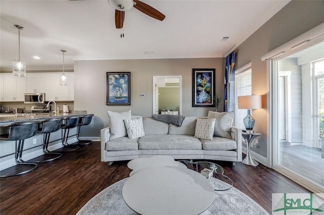 living room with dark hardwood / wood-style floors, ceiling fan, and ornamental molding