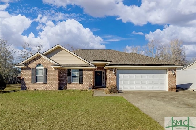 ranch-style home with a garage and a front yard