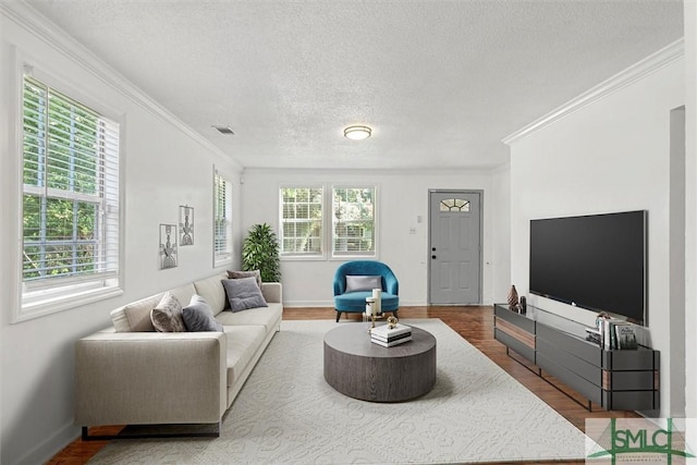 living room featuring wood-type flooring, a healthy amount of sunlight, a textured ceiling, and ornamental molding