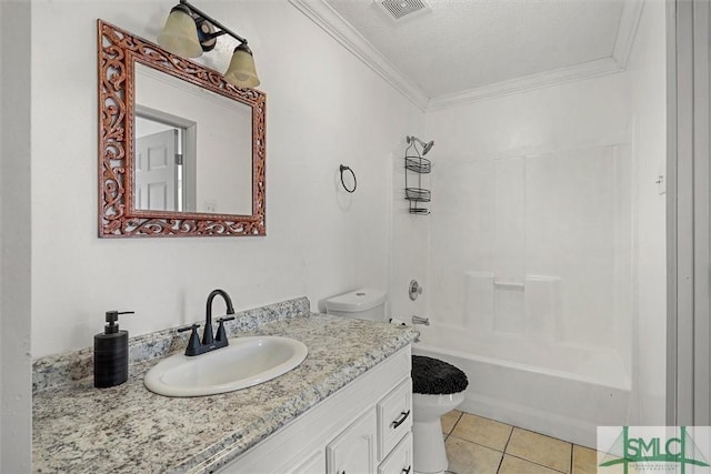 full bathroom featuring tile patterned floors,  shower combination, toilet, vanity, and ornamental molding