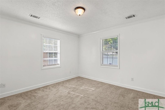 carpeted empty room with a textured ceiling and ornamental molding