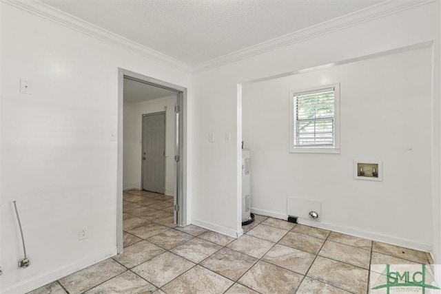 laundry room featuring washer hookup, hookup for an electric dryer, water heater, a textured ceiling, and ornamental molding