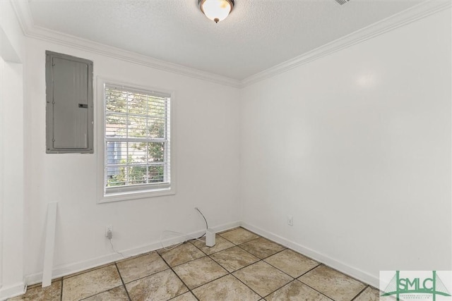 unfurnished room featuring a textured ceiling, electric panel, and crown molding