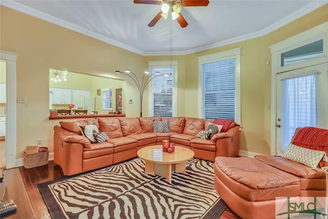 living room with wood-type flooring, ceiling fan, and crown molding