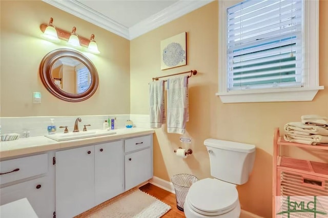 bathroom with vanity, toilet, and crown molding