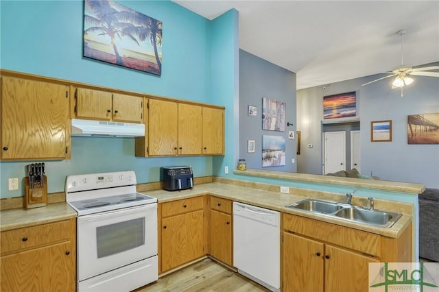 kitchen with white appliances, sink, light hardwood / wood-style flooring, ceiling fan, and kitchen peninsula