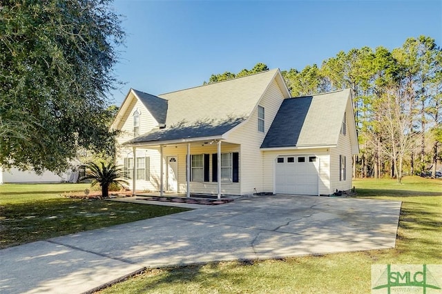 cape cod home with a porch, a garage, and a front yard