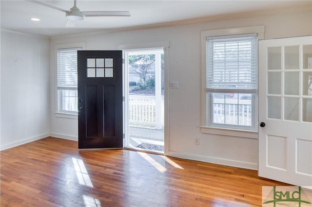 foyer featuring ornamental molding, light hardwood / wood-style flooring, ceiling fan, and a healthy amount of sunlight