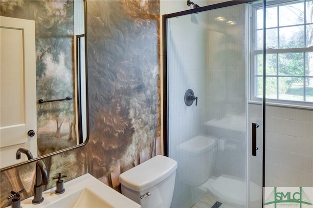 bathroom with sink, plenty of natural light, a shower with shower door, and toilet