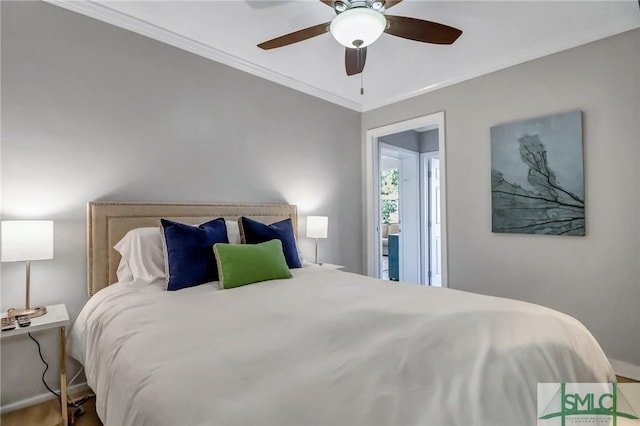 bedroom featuring ceiling fan and crown molding