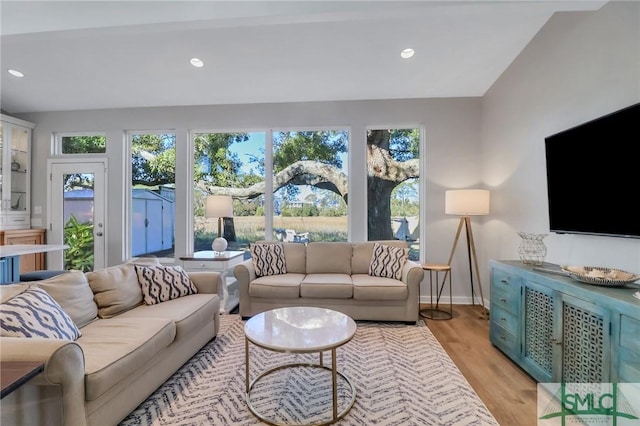 living room with light hardwood / wood-style floors, a wealth of natural light, and vaulted ceiling