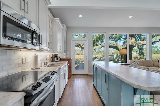 kitchen featuring hardwood / wood-style floors, backsplash, sink, appliances with stainless steel finishes, and white cabinetry