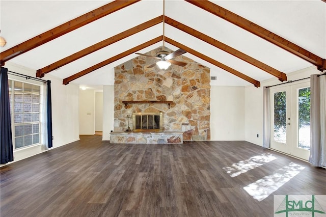 unfurnished living room featuring french doors, ceiling fan, high vaulted ceiling, a fireplace, and hardwood / wood-style floors