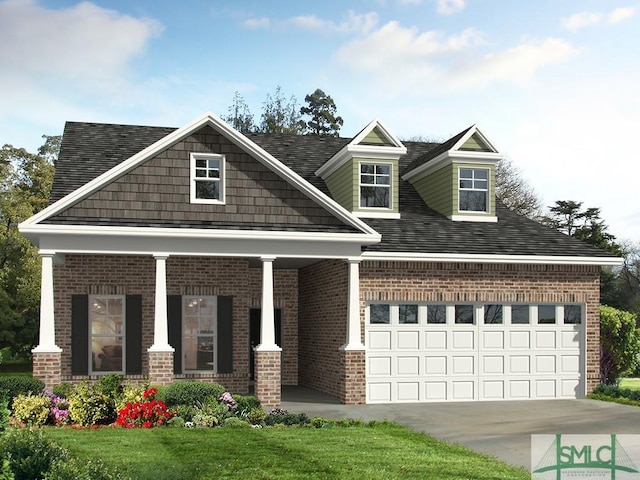 view of front of house with an attached garage, covered porch, concrete driveway, a front lawn, and brick siding