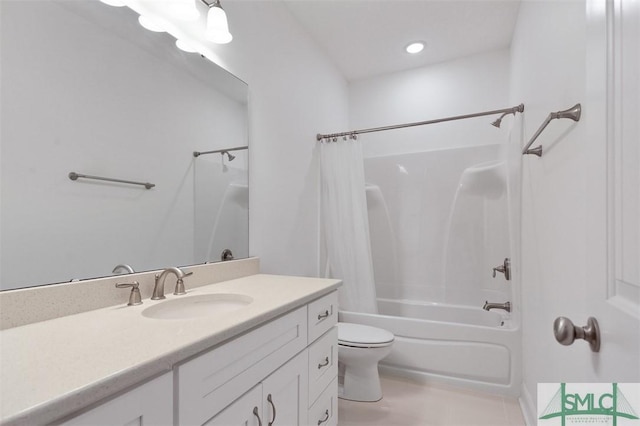 full bathroom with tile patterned flooring, vanity, toilet, and shower / bathtub combination with curtain