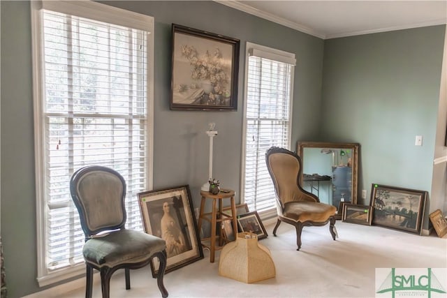 sitting room with carpet flooring and ornamental molding