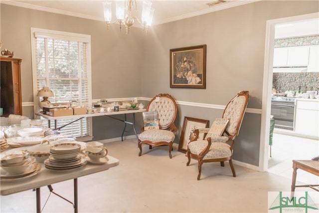 living area with ornamental molding and a chandelier