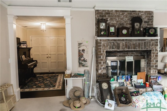 living room with crown molding