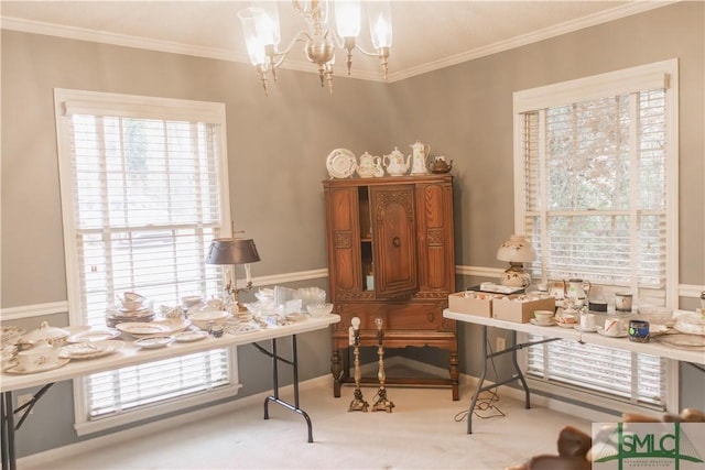 living area featuring light carpet, ornamental molding, and a notable chandelier