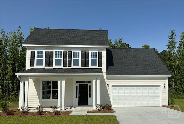 100 Split Branch Dr, Richmond Hill, GA 31324 - view of front of property featuring a porch, an attached garage, driveway, and a shingled roof