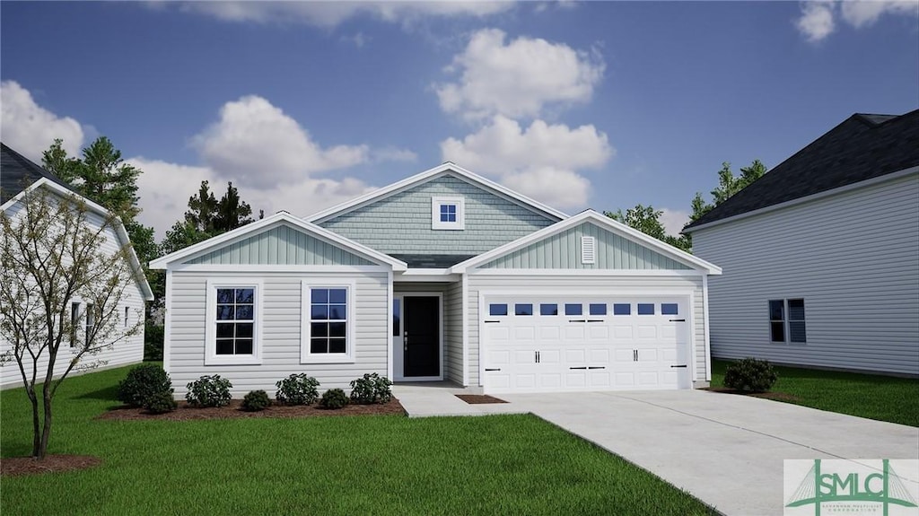 view of front of house featuring board and batten siding, an attached garage, a front lawn, and concrete driveway