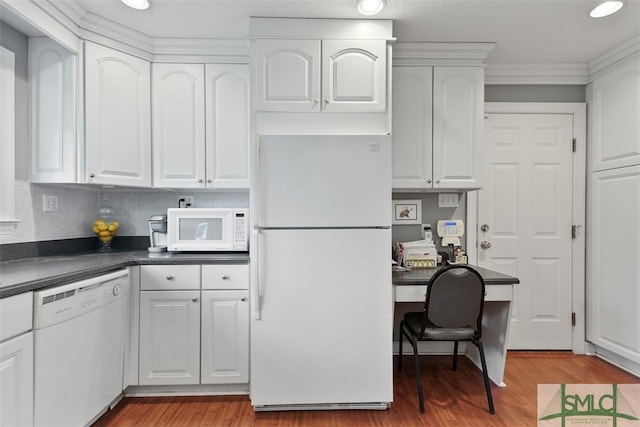 kitchen featuring white cabinetry, white appliances, light wood-type flooring, backsplash, and crown molding