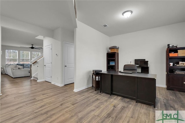 home office featuring ceiling fan and light wood-type flooring