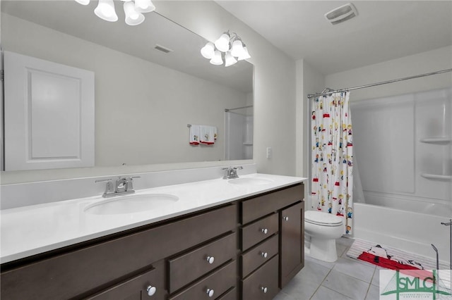 full bathroom with vanity, shower / tub combo, tile patterned floors, and toilet