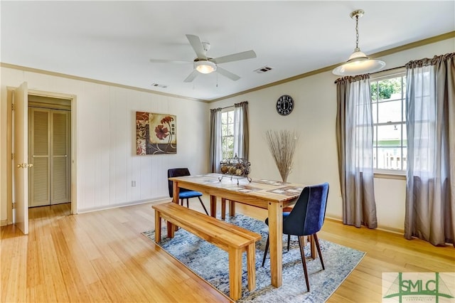 dining room featuring ceiling fan, crown molding, and light wood-type flooring