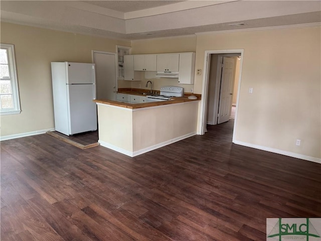 kitchen with white appliances, dark wood-type flooring, sink, kitchen peninsula, and white cabinetry