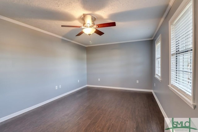 spare room with crown molding, ceiling fan, dark hardwood / wood-style flooring, and a textured ceiling