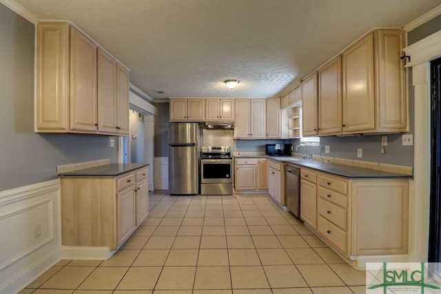 kitchen with light tile patterned flooring, sink, stainless steel appliances, and light brown cabinetry