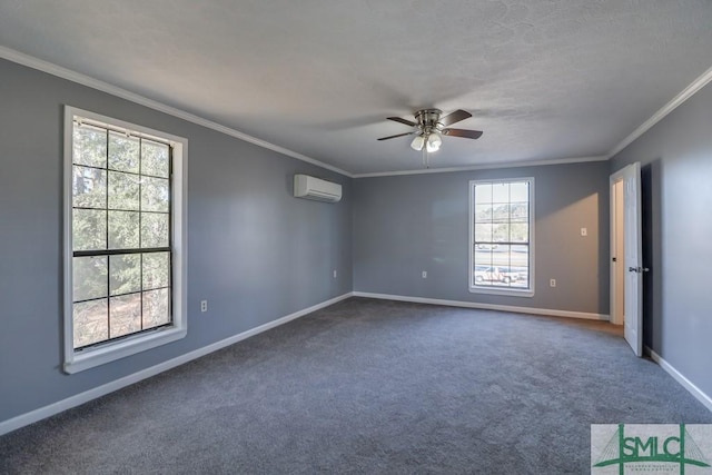 empty room with carpet floors, a wall unit AC, ceiling fan, and ornamental molding