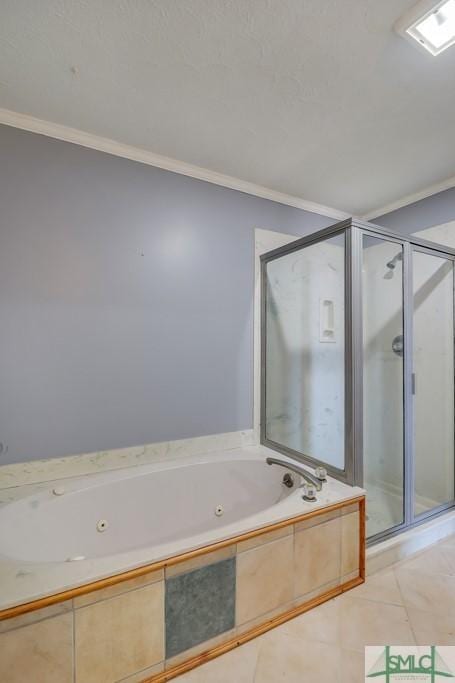 bathroom with tile patterned flooring, plus walk in shower, and ornamental molding