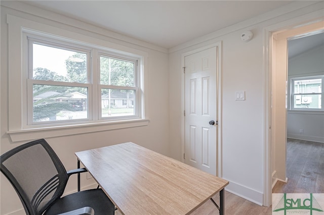 office space with wood-type flooring