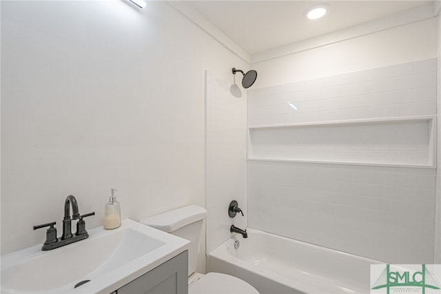 full bathroom featuring vanity,  shower combination, and toilet