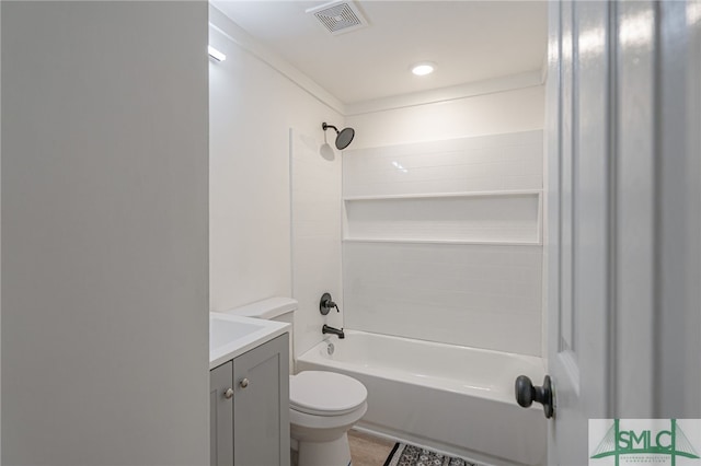 full bathroom with vanity, toilet, crown molding, and bathing tub / shower combination