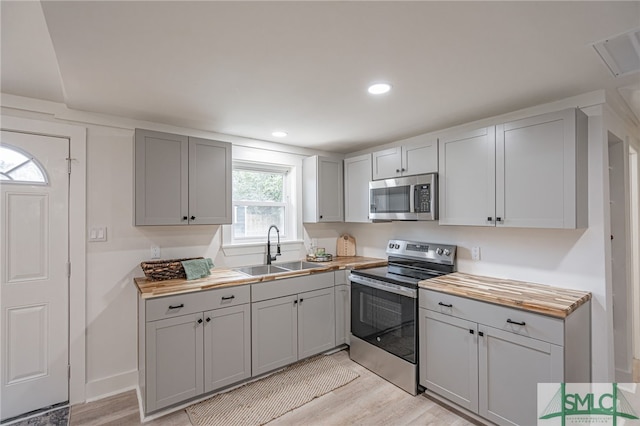 kitchen featuring gray cabinetry, wood counters, sink, appliances with stainless steel finishes, and light hardwood / wood-style floors