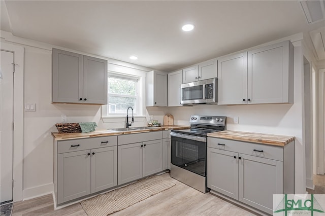 kitchen featuring wooden counters, sink, gray cabinets, appliances with stainless steel finishes, and light hardwood / wood-style floors