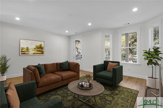 living room with light hardwood / wood-style flooring