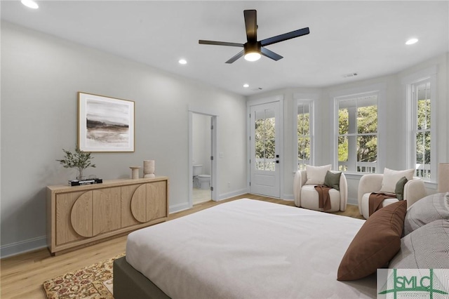 bedroom with access to outside, connected bathroom, ceiling fan, and light hardwood / wood-style flooring