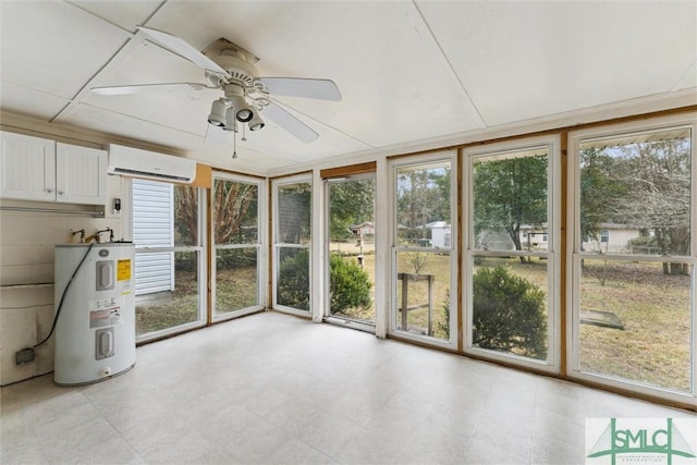 unfurnished sunroom featuring electric water heater, a wall mounted AC, and ceiling fan