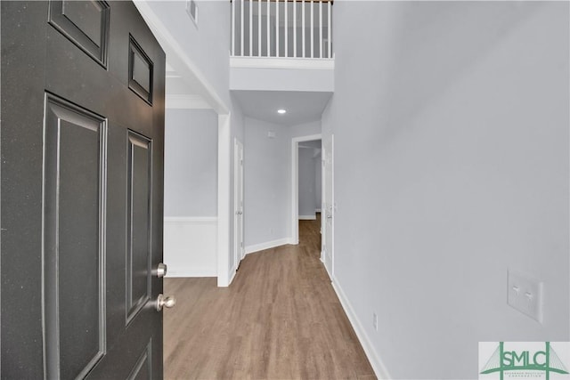 entryway featuring wood-type flooring and a high ceiling