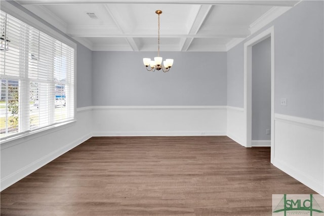 unfurnished dining area featuring dark hardwood / wood-style flooring, coffered ceiling, crown molding, beam ceiling, and a chandelier