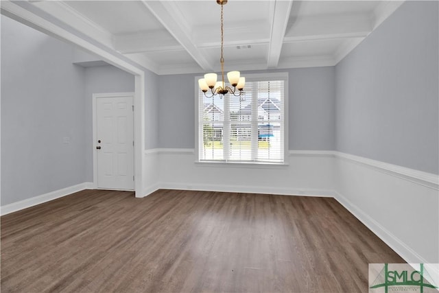 interior space with beam ceiling, dark hardwood / wood-style flooring, a notable chandelier, and coffered ceiling