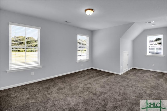 interior space featuring dark colored carpet and vaulted ceiling