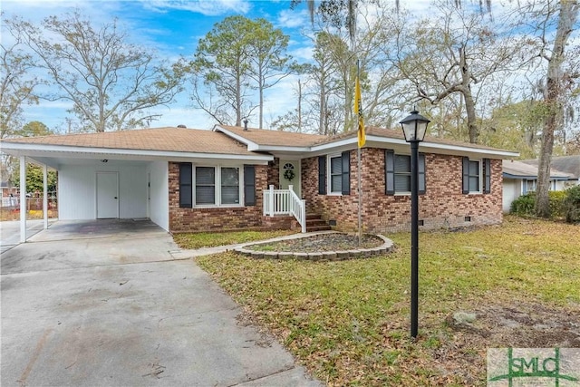 single story home with a front yard and a carport