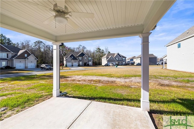 view of patio featuring a residential view and ceiling fan